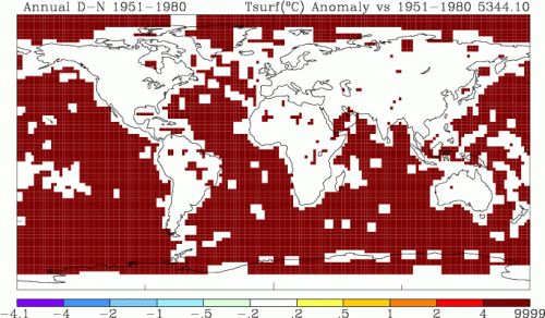 A GIS anomaly map with a 9999 hot ocean from baseline = report  period
