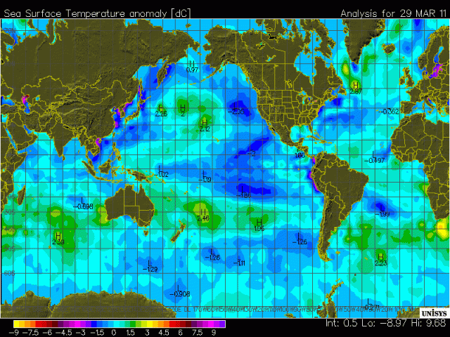 Sea Suface Temperature Anomaly 29 Mar 2011